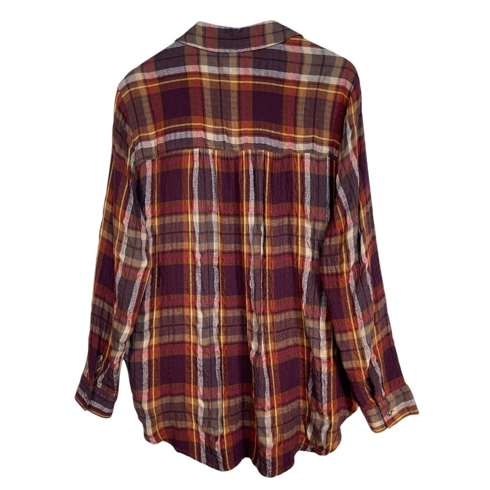 Beachlunchlounge Womens XL Plaid Seersucker Button Down Shirt Burgundy LCTS013 - Picture 2 of 10